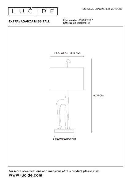 Lucide EXTRAVAGANZA MISS TALL - Tischlampe - Ø 25 cm - 1xE27 - Mattes Gold / Messing - TECHNISCH